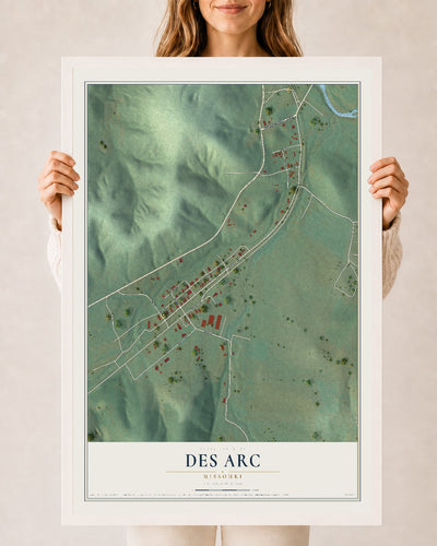 Map of Des Arc, Missouri, 24 x 36 inch print in a white wood frame