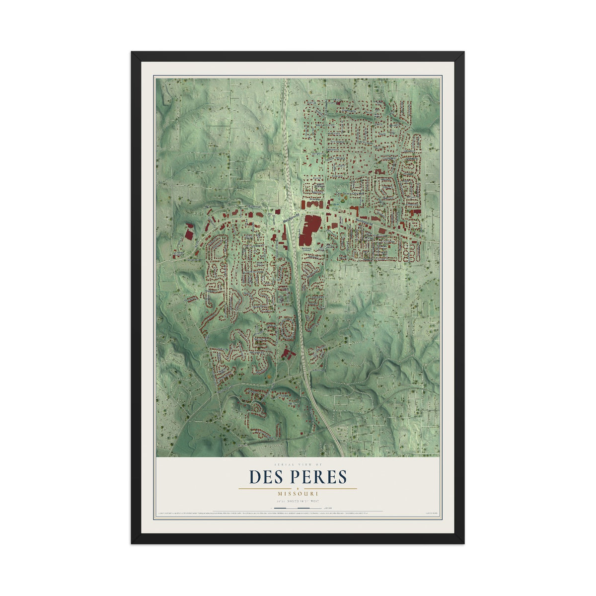 Map of Des Peres, Missouri, 12 x 18 inch print in a black wood frame