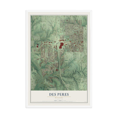 Map of Des Peres, Missouri, 12 x 18 inch print in a white wood frame