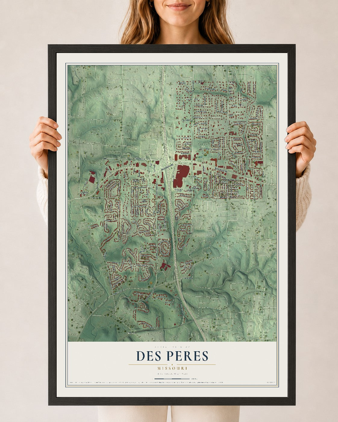 Map of Des Peres, Missouri, 24 x 36 inch print in a black wood frame