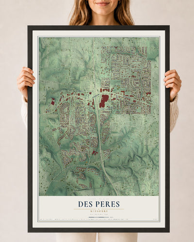 Map of Des Peres, Missouri, 24 x 36 inch print in a black wood frame