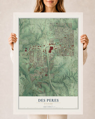 Map of Des Peres, Missouri, 24 x 36 inch print in a white wood frame