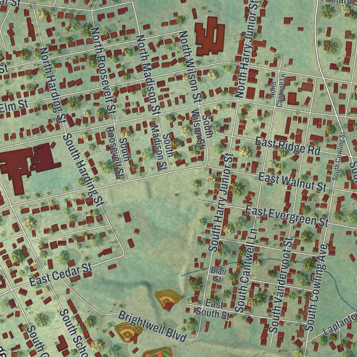 Close-up of the map of Desloge, Missouri print showing street and building detail