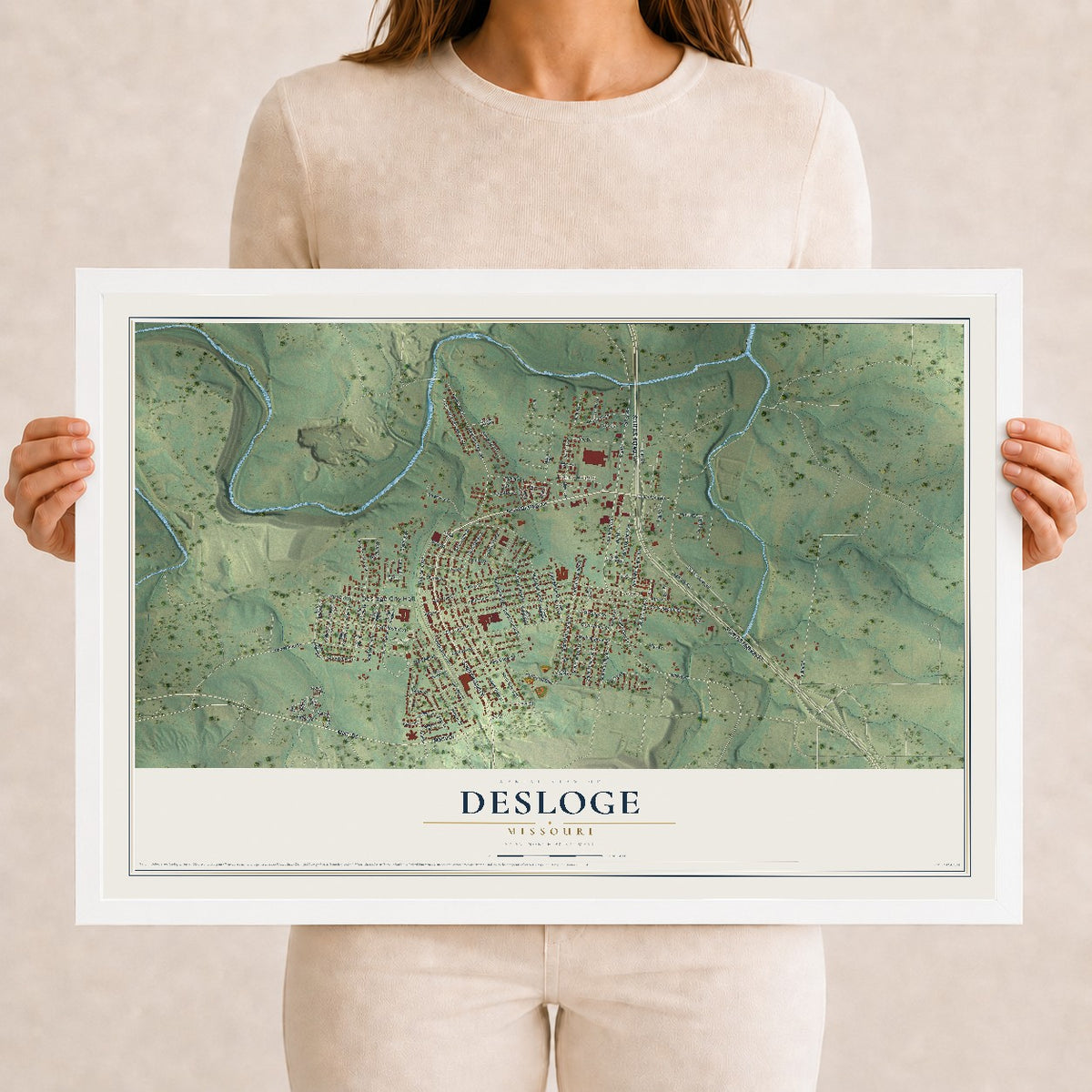 Map of Desloge, Missouri, 12 x 18 inch print in a white wood frame