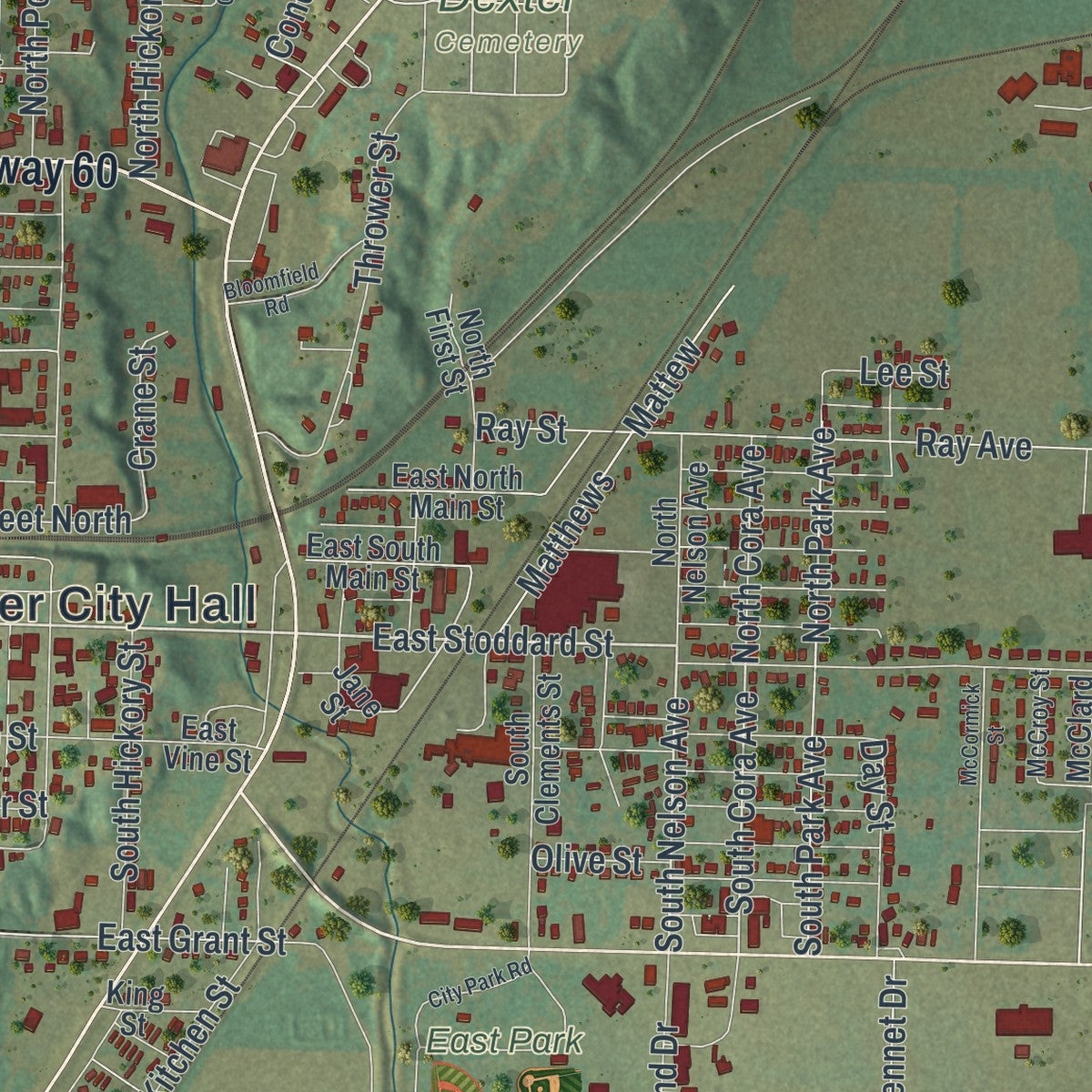 Second close-up of the map of Dexter, Missouri print showing more streets and buildings
