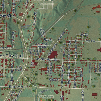 Second close-up of the map of Dexter, Missouri print showing more streets and buildings