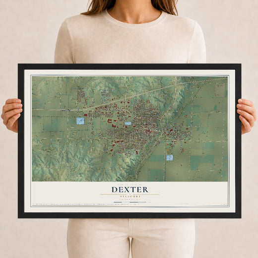 Map of Dexter, Missouri, 12 x 18 inch print in a black wood frame