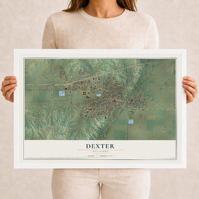 Map of Dexter, Missouri, 12 x 18 inch print in a white wood frame