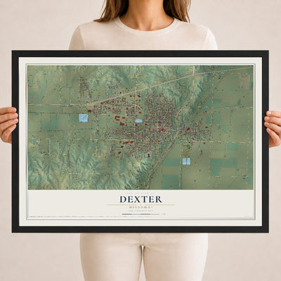 Map of Dexter, Missouri, 18 x 24 inch print in a black wood frame