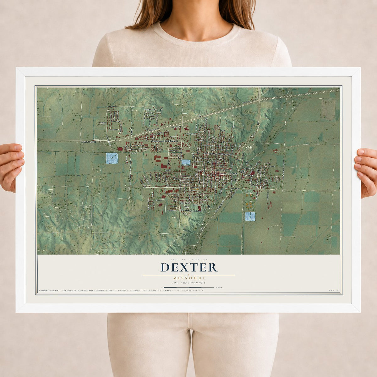 Map of Dexter, Missouri, 18 x 24 inch print in a white wood frame