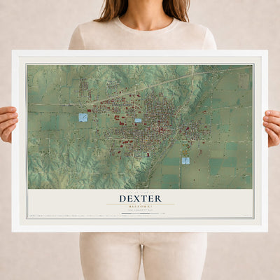 Map of Dexter, Missouri, 18 x 24 inch print in a white wood frame