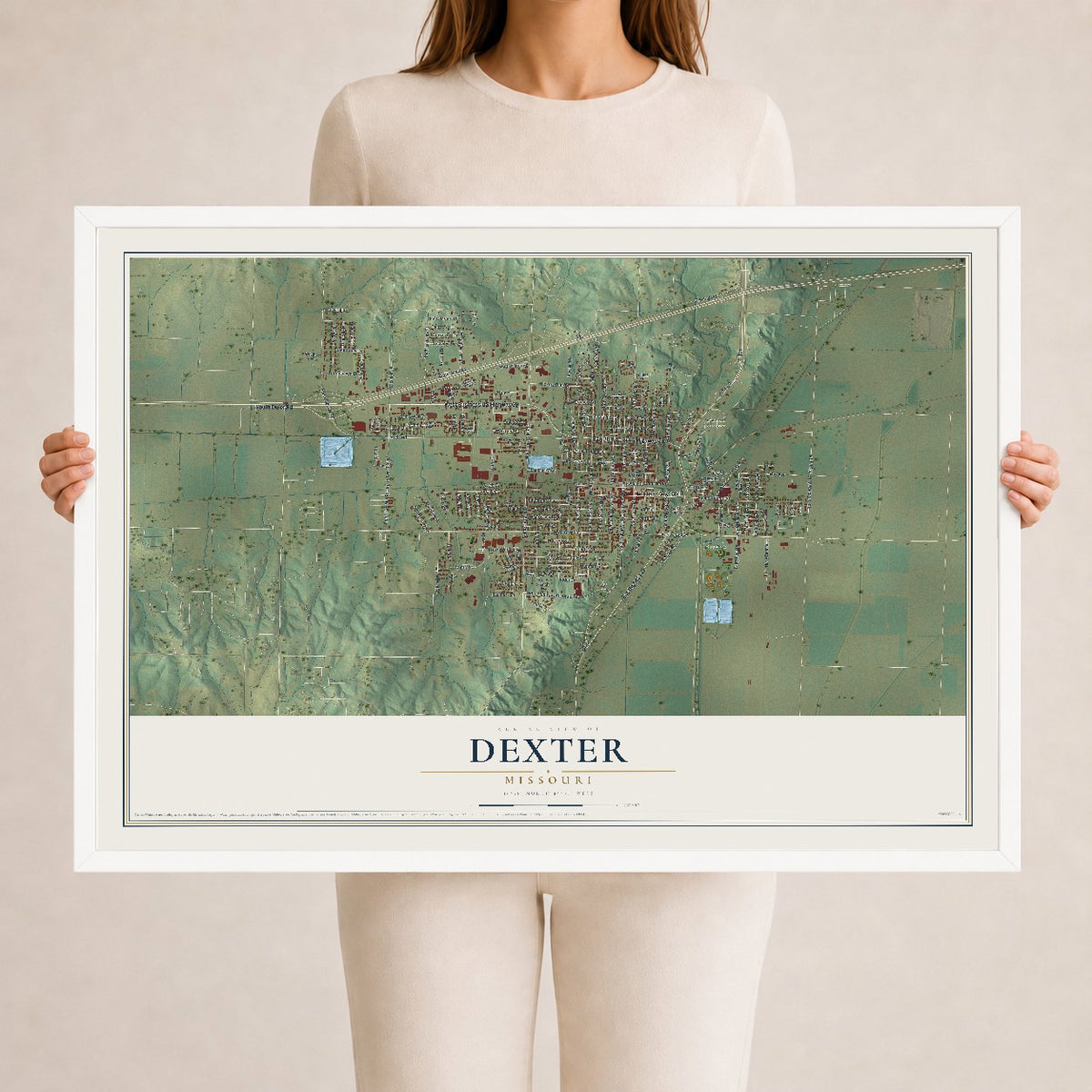 Map of Dexter, Missouri, 24 x 36 inch print in a white wood frame