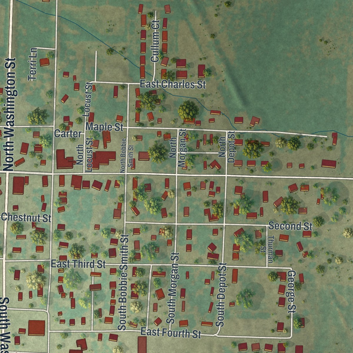 Close-up of the map of Diamond, Missouri print showing street and building detail