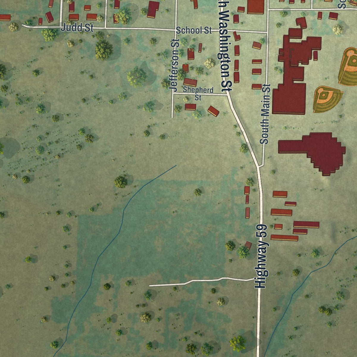 Second close-up of the map of Diamond, Missouri print showing more streets and buildings