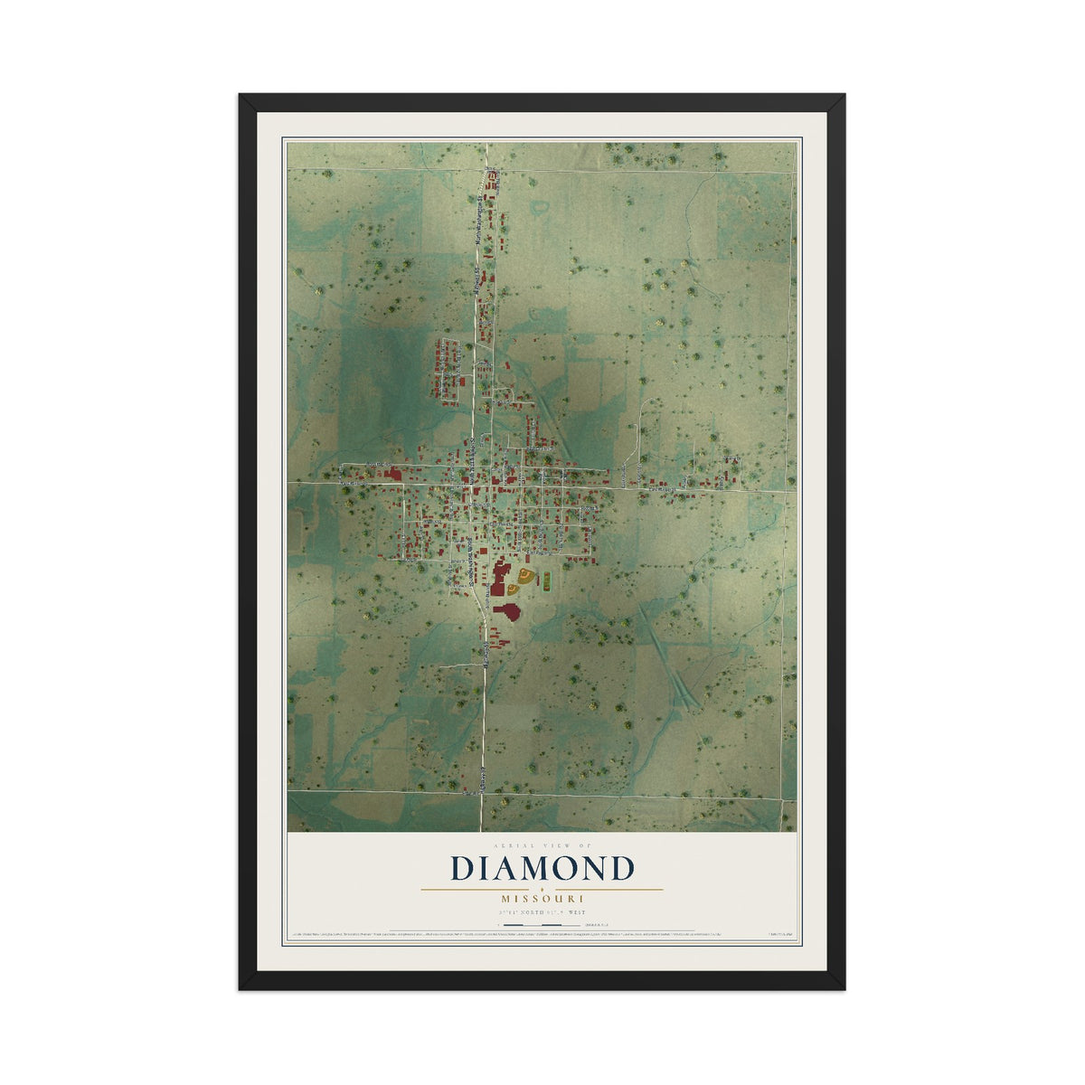 Map of Diamond, Missouri, 12 x 18 inch print in a black wood frame