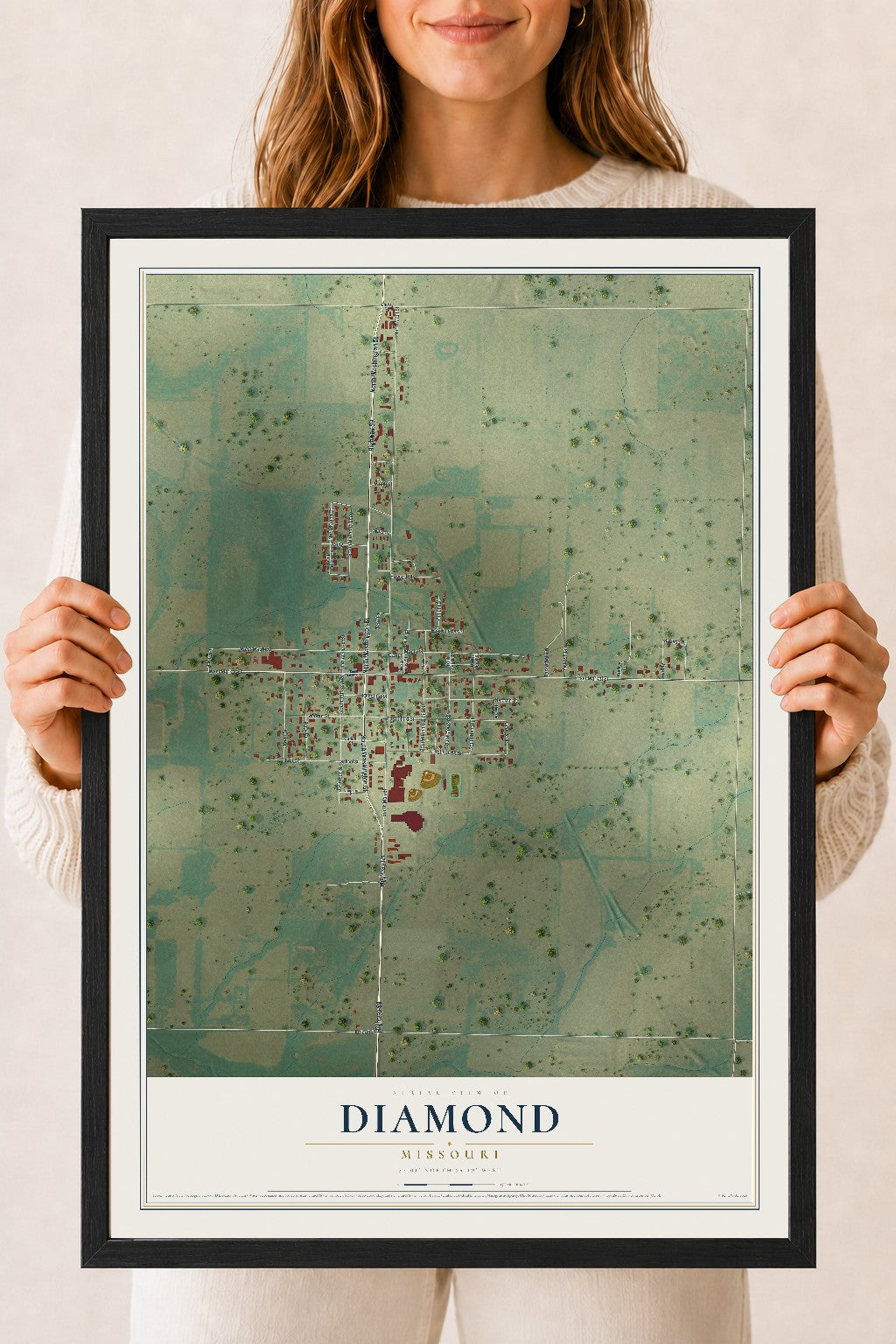 Map of Diamond, Missouri, 18 x 24 inch print in a black wood frame