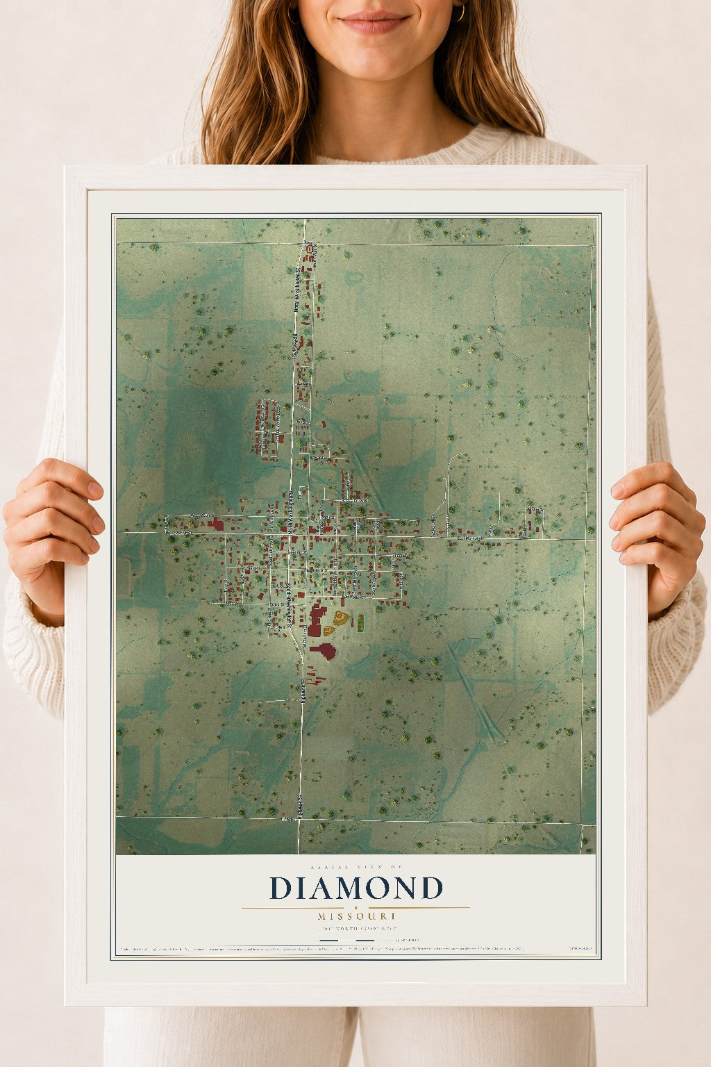 Map of Diamond, Missouri, 18 x 24 inch print in a white wood frame