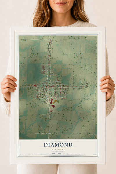 Map of Diamond, Missouri, 18 x 24 inch print in a white wood frame
