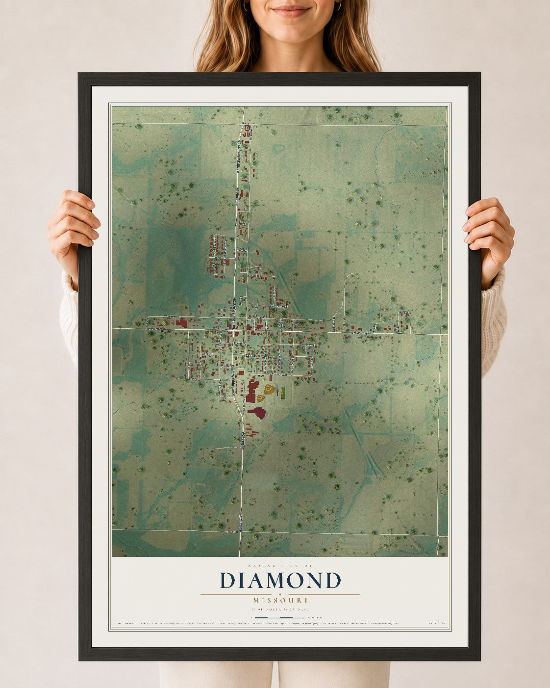 Map of Diamond, Missouri, 24 x 36 inch print in a black wood frame