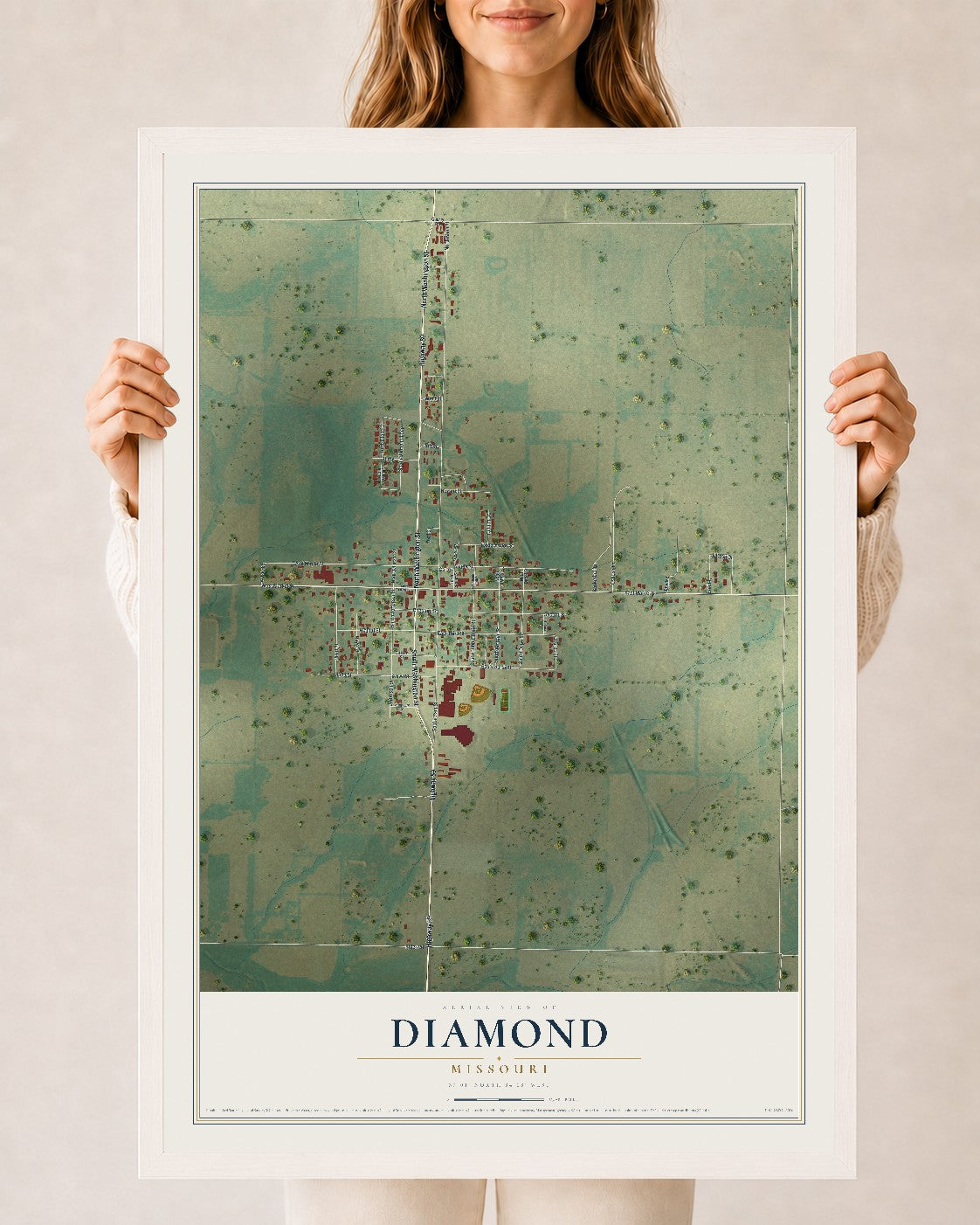 Map of Diamond, Missouri, 24 x 36 inch print in a white wood frame