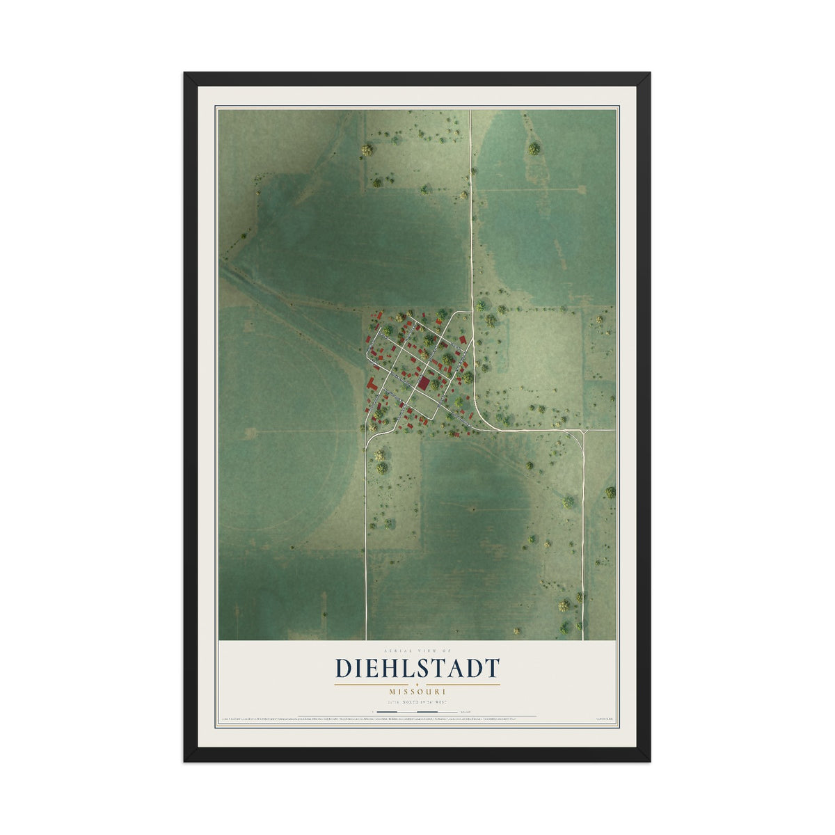 Map of Diehlstadt, Missouri, 12 x 18 inch print in a black wood frame