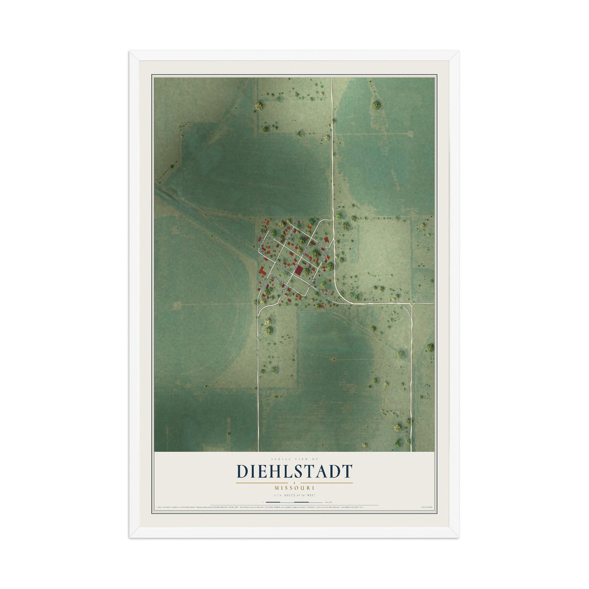 Map of Diehlstadt, Missouri, 12 x 18 inch print in a white wood frame