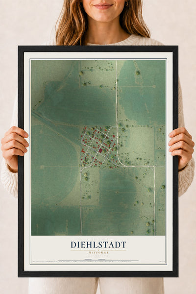 Map of Diehlstadt, Missouri, 18 x 24 inch print in a black wood frame