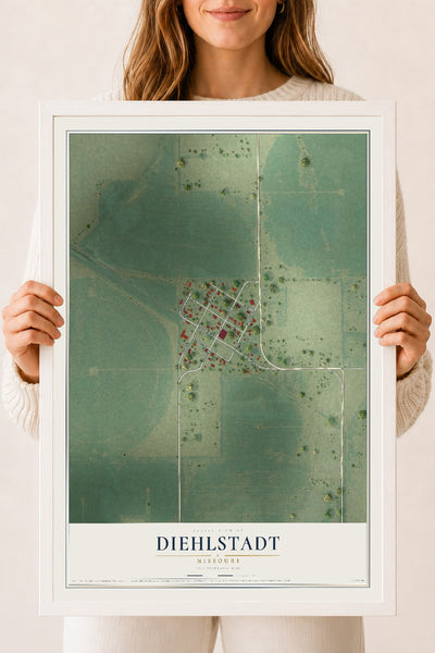 Map of Diehlstadt, Missouri, 18 x 24 inch print in a white wood frame