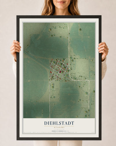 Map of Diehlstadt, Missouri, 24 x 36 inch print in a black wood frame