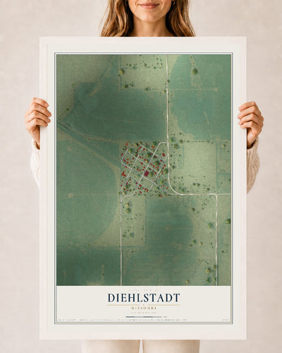 Map of Diehlstadt, Missouri, 24 x 36 inch print in a white wood frame