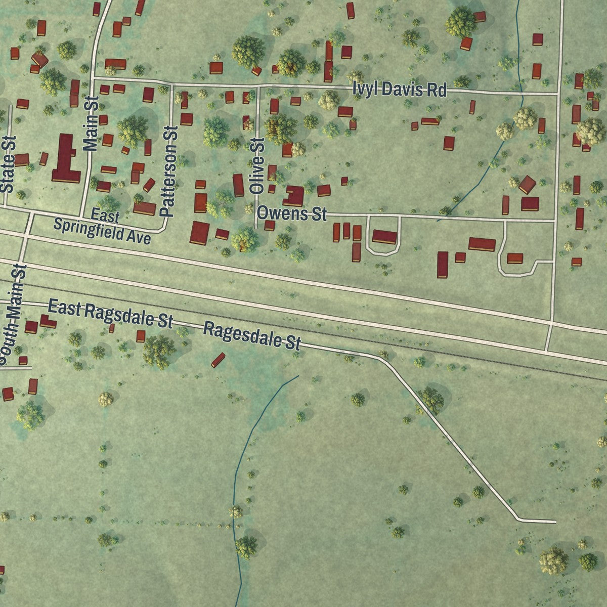 Close-up of the map of Diggins, Missouri print showing street and building detail