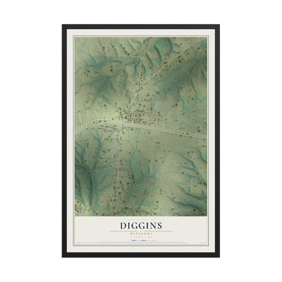 Map of Diggins, Missouri, 12 x 18 inch print in a black wood frame