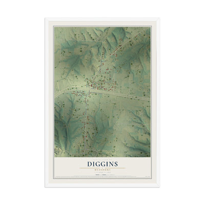 Map of Diggins, Missouri, 12 x 18 inch print in a white wood frame