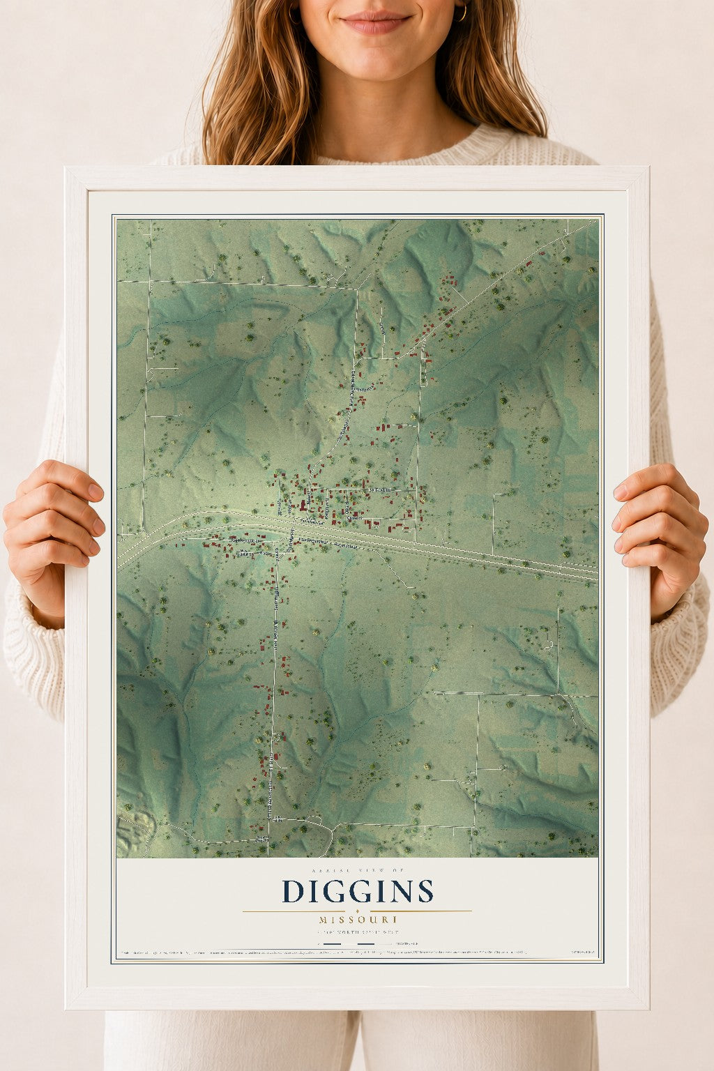 Map of Diggins, Missouri, 18 x 24 inch print in a white wood frame