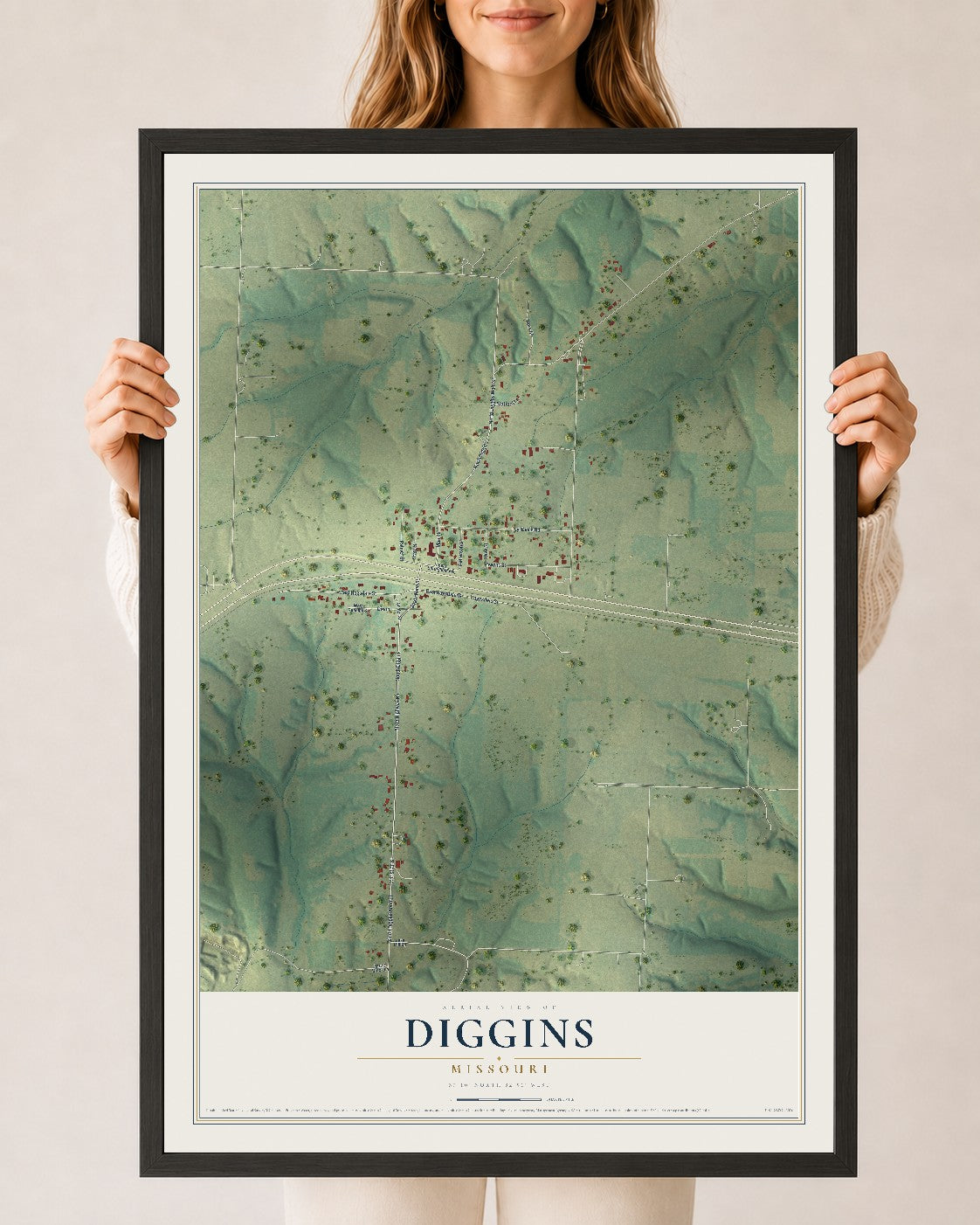 Map of Diggins, Missouri, 24 x 36 inch print in a black wood frame