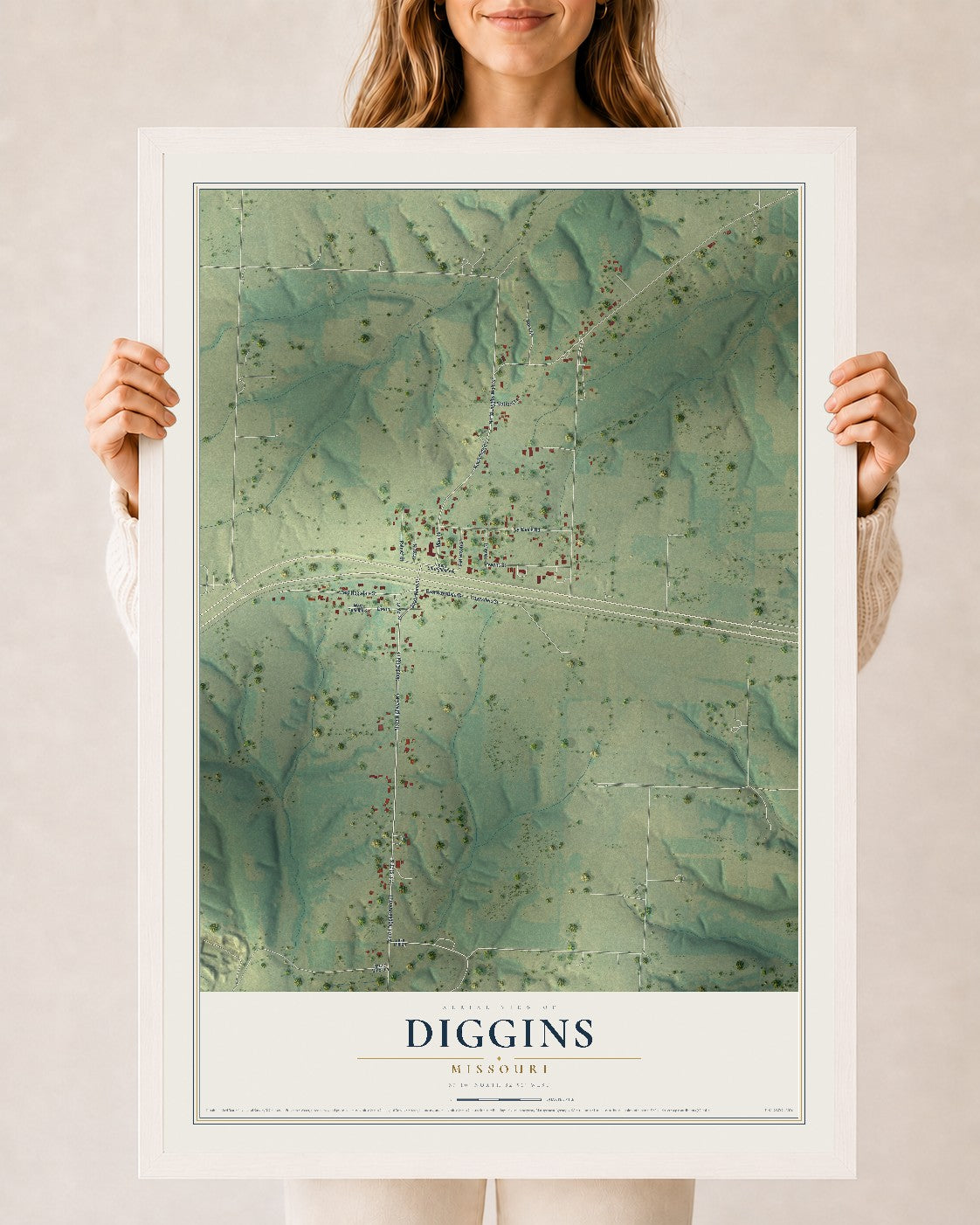 Map of Diggins, Missouri, 24 x 36 inch print in a white wood frame