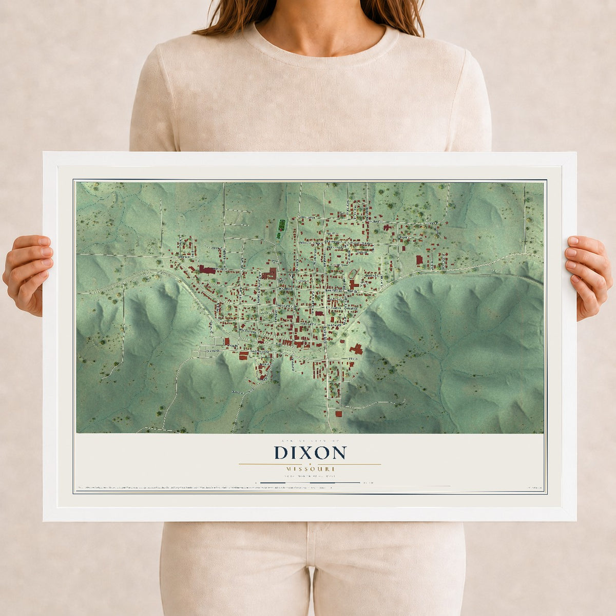 Map of Dixon, Missouri, 12 x 18 inch print in a white wood frame