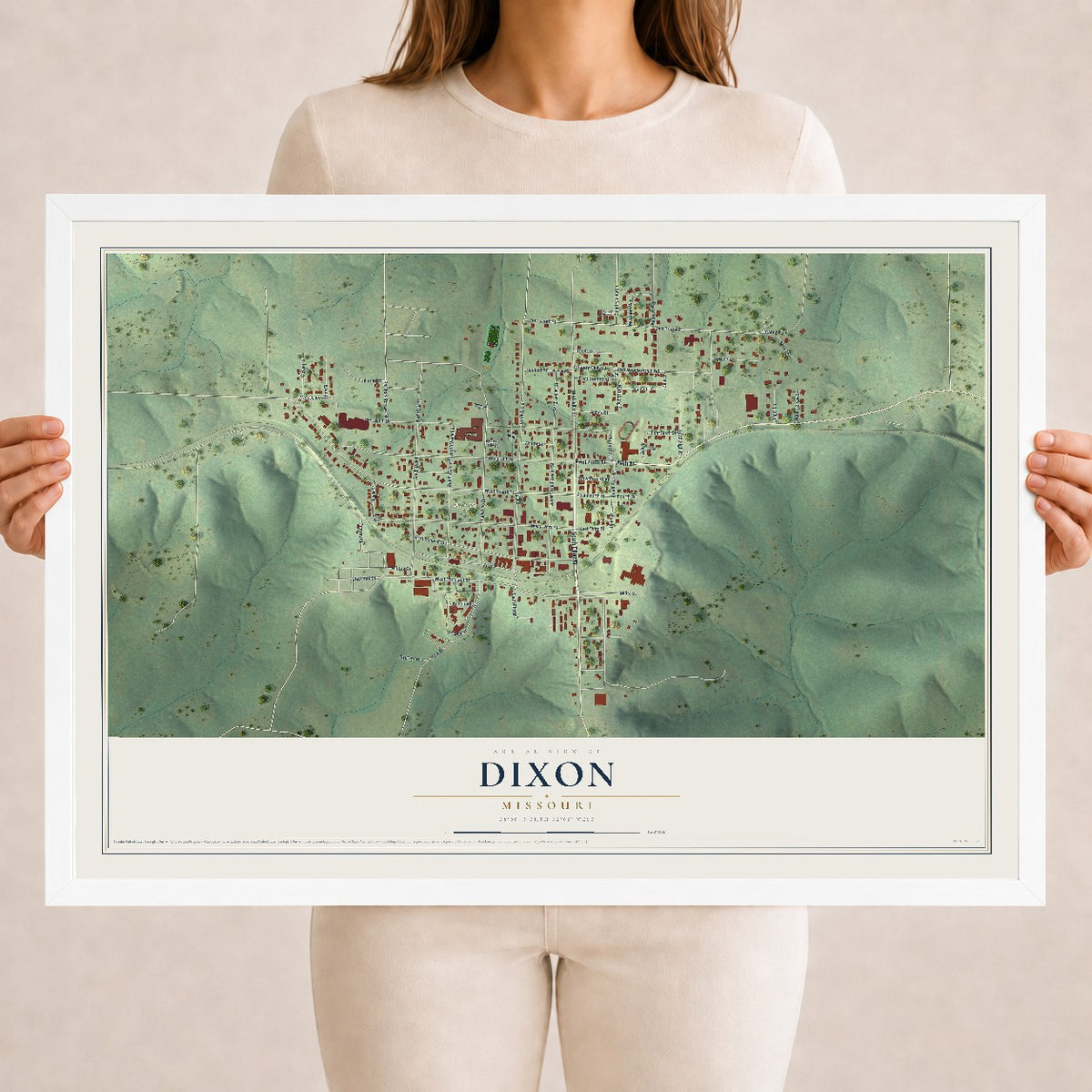 Map of Dixon, Missouri, 18 x 24 inch print in a white wood frame