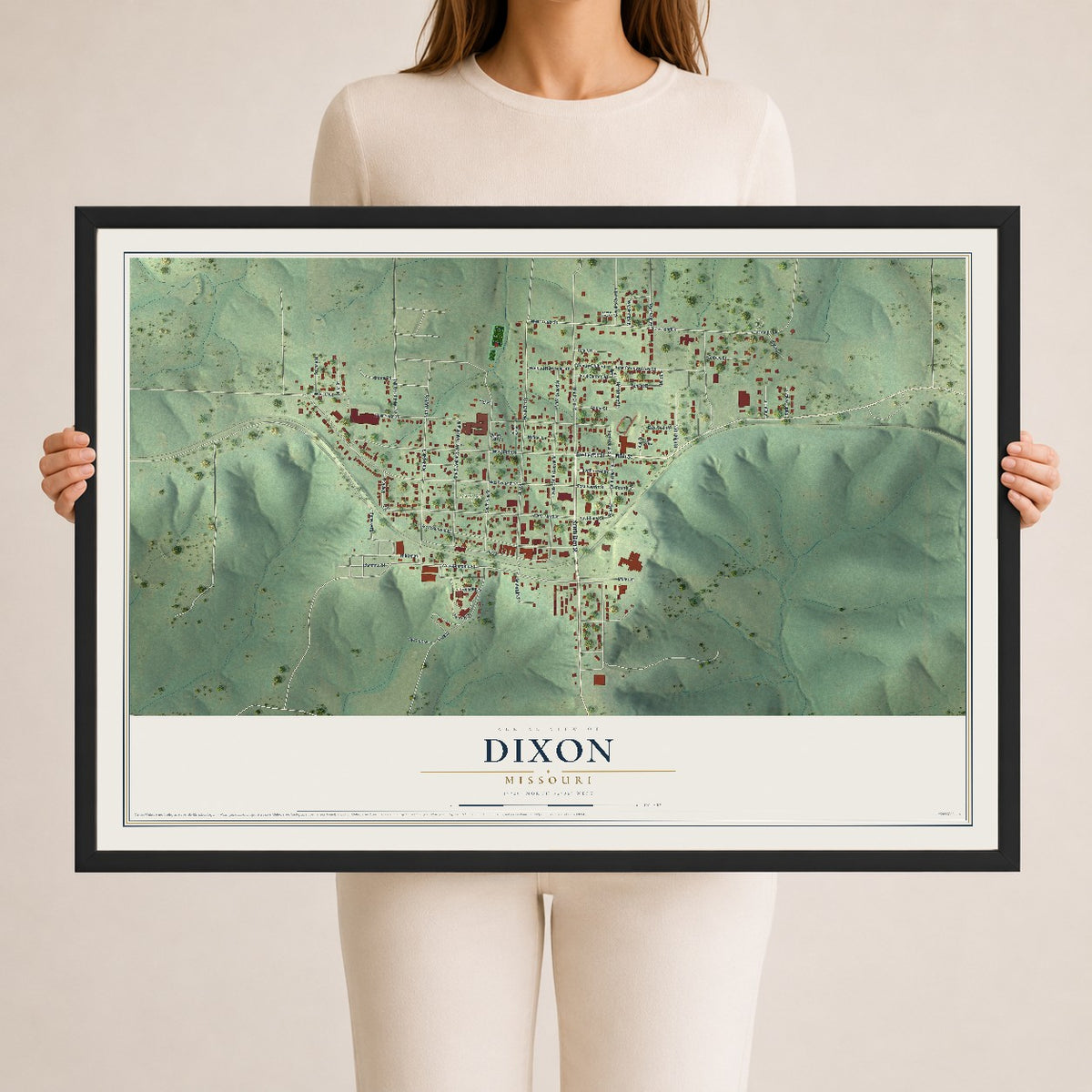 Map of Dixon, Missouri, 24 x 36 inch print in a black wood frame