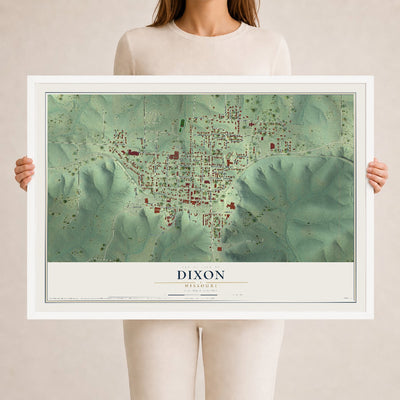 Map of Dixon, Missouri, 24 x 36 inch print in a white wood frame