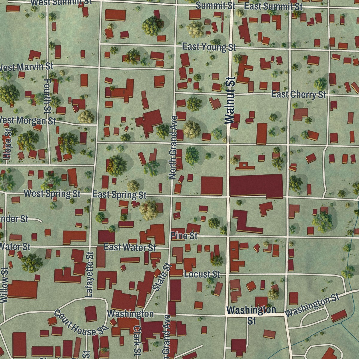 Close-up of the map of Doniphan, Missouri print showing street and building detail