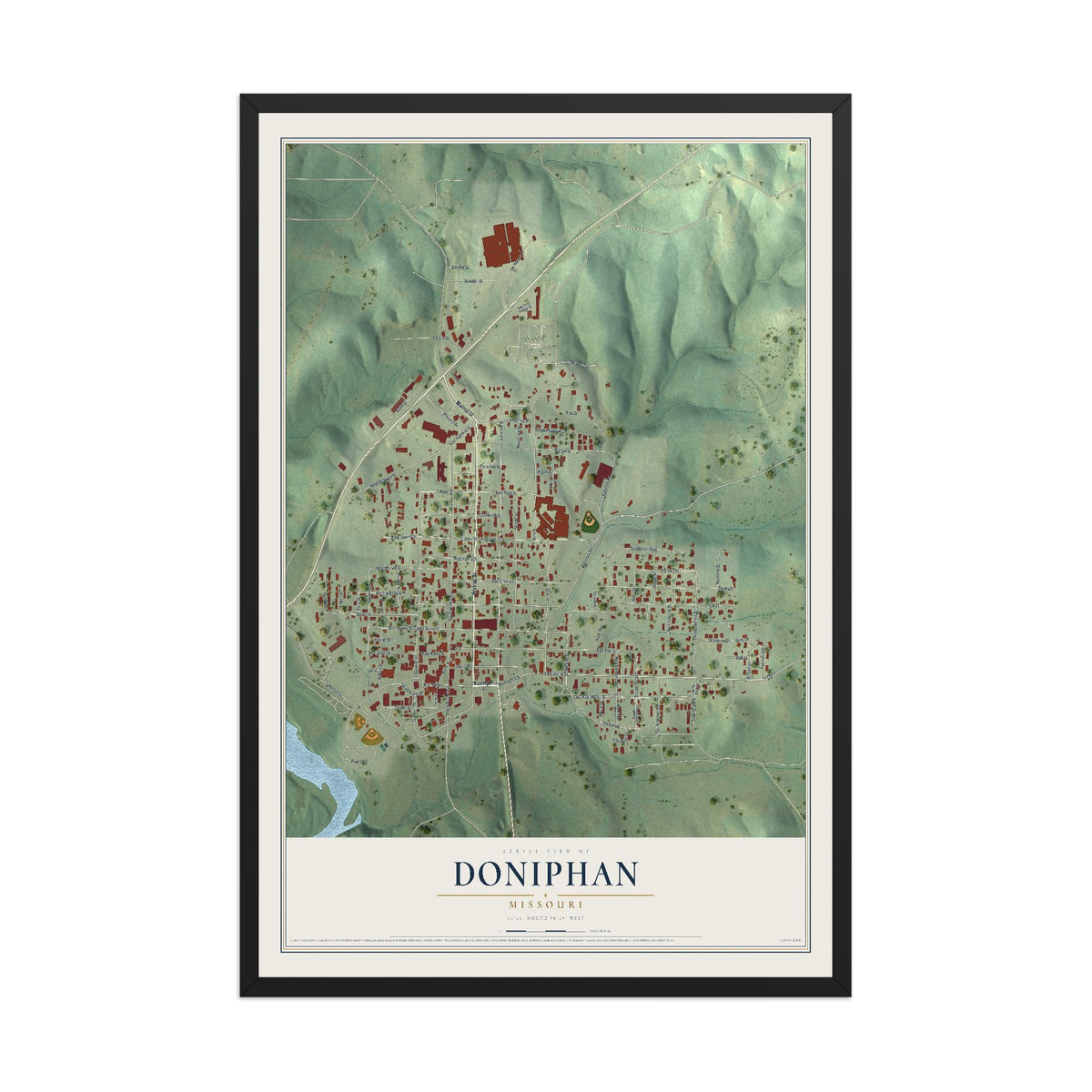 Map of Doniphan, Missouri, 12 x 18 inch print in a black wood frame