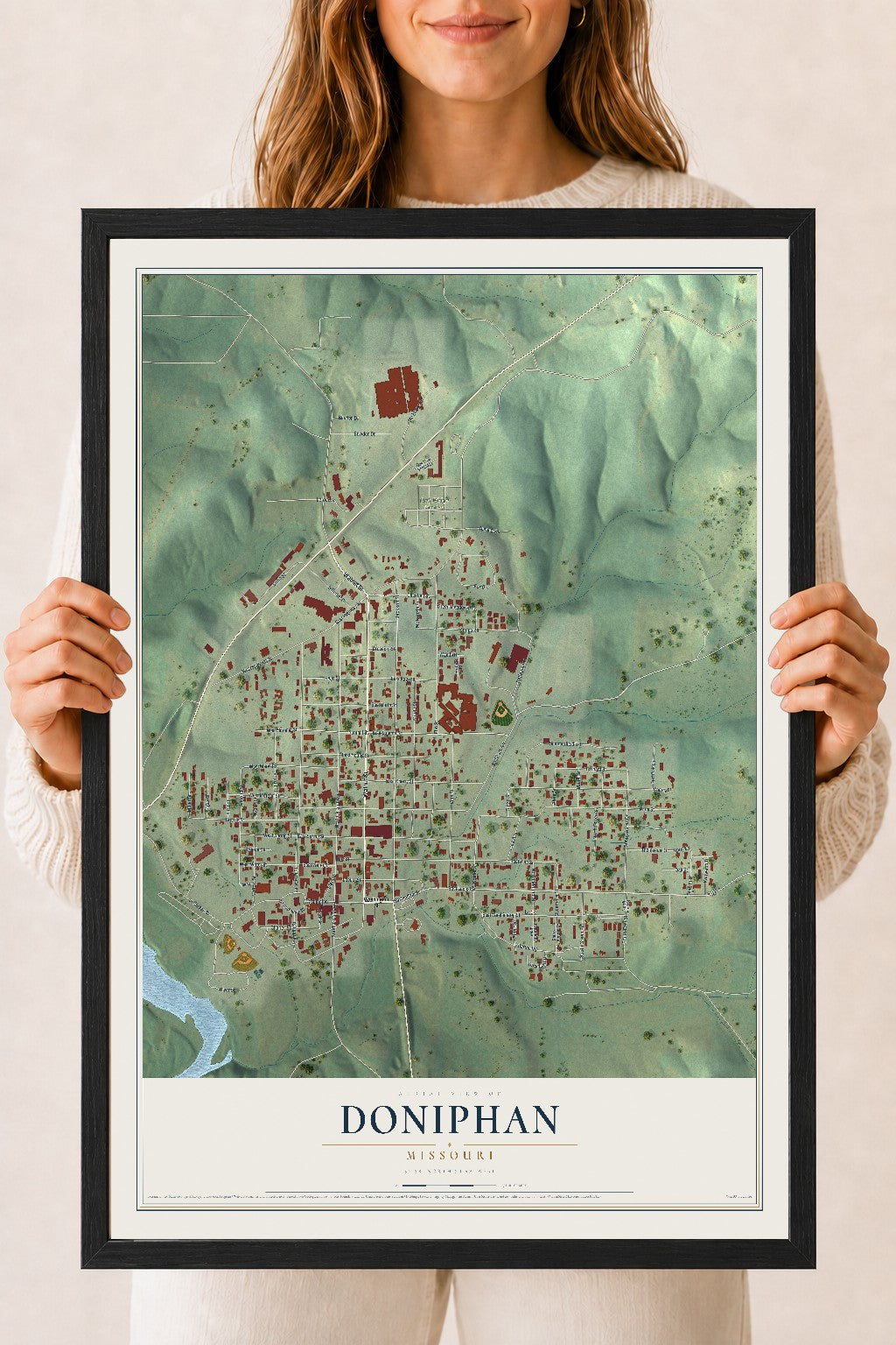Map of Doniphan, Missouri, 18 x 24 inch print in a black wood frame