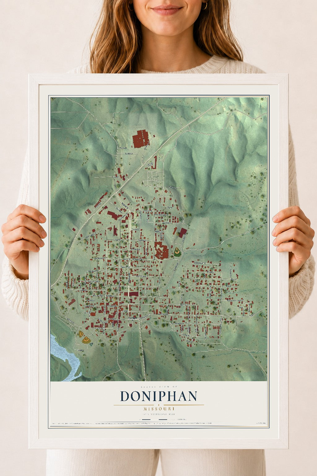 Map of Doniphan, Missouri, 18 x 24 inch print in a white wood frame