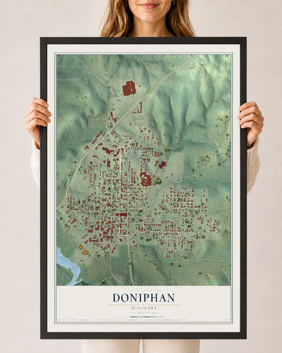 Map of Doniphan, Missouri, 24 x 36 inch print in a black wood frame