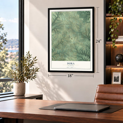 Dora, Missouri map, 18 x 24 inch print in a black frame in a home office