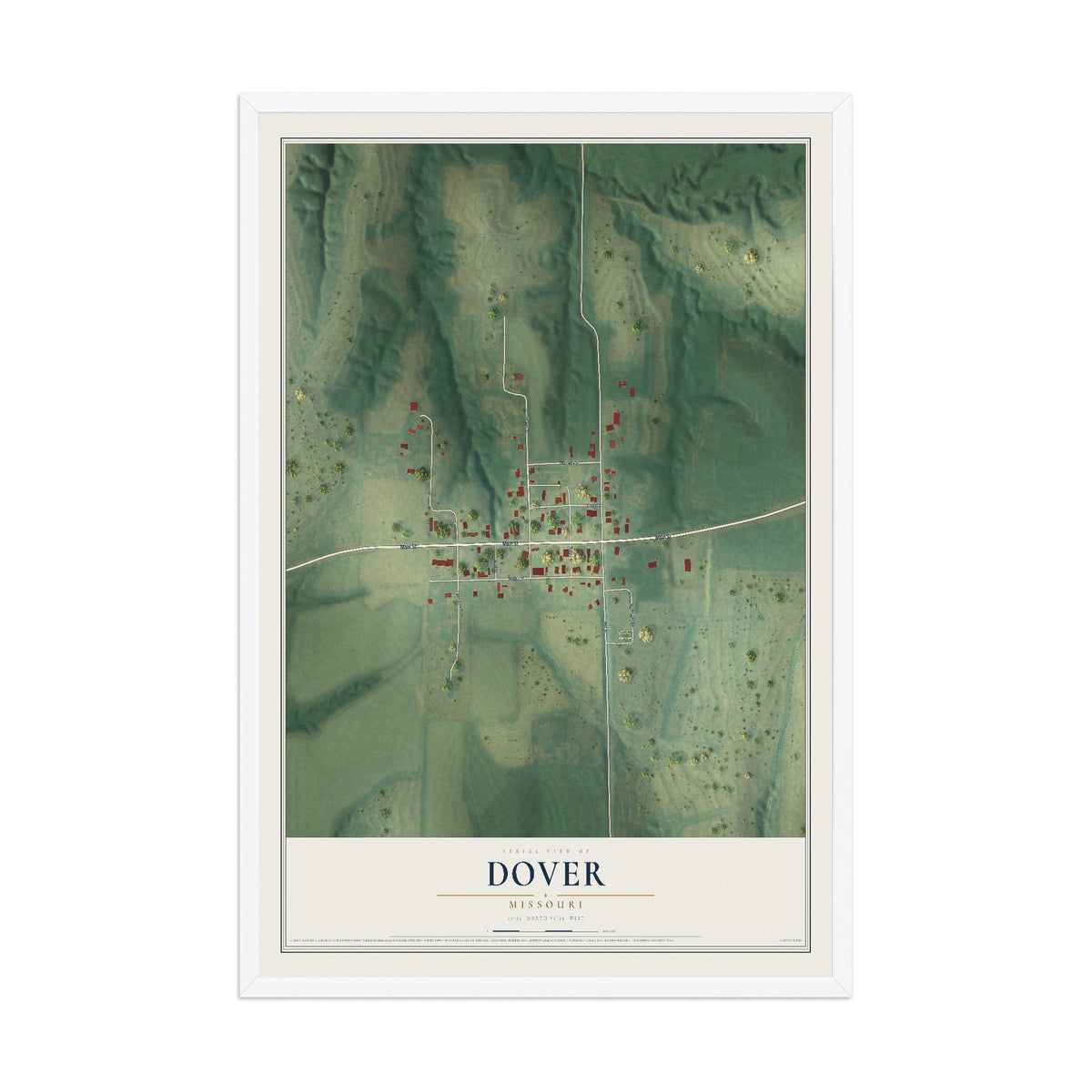 Map of Dover, Missouri, 12 x 18 inch print in a white wood frame