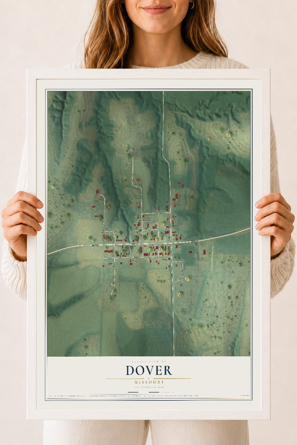 Map of Dover, Missouri, 18 x 24 inch print in a white wood frame