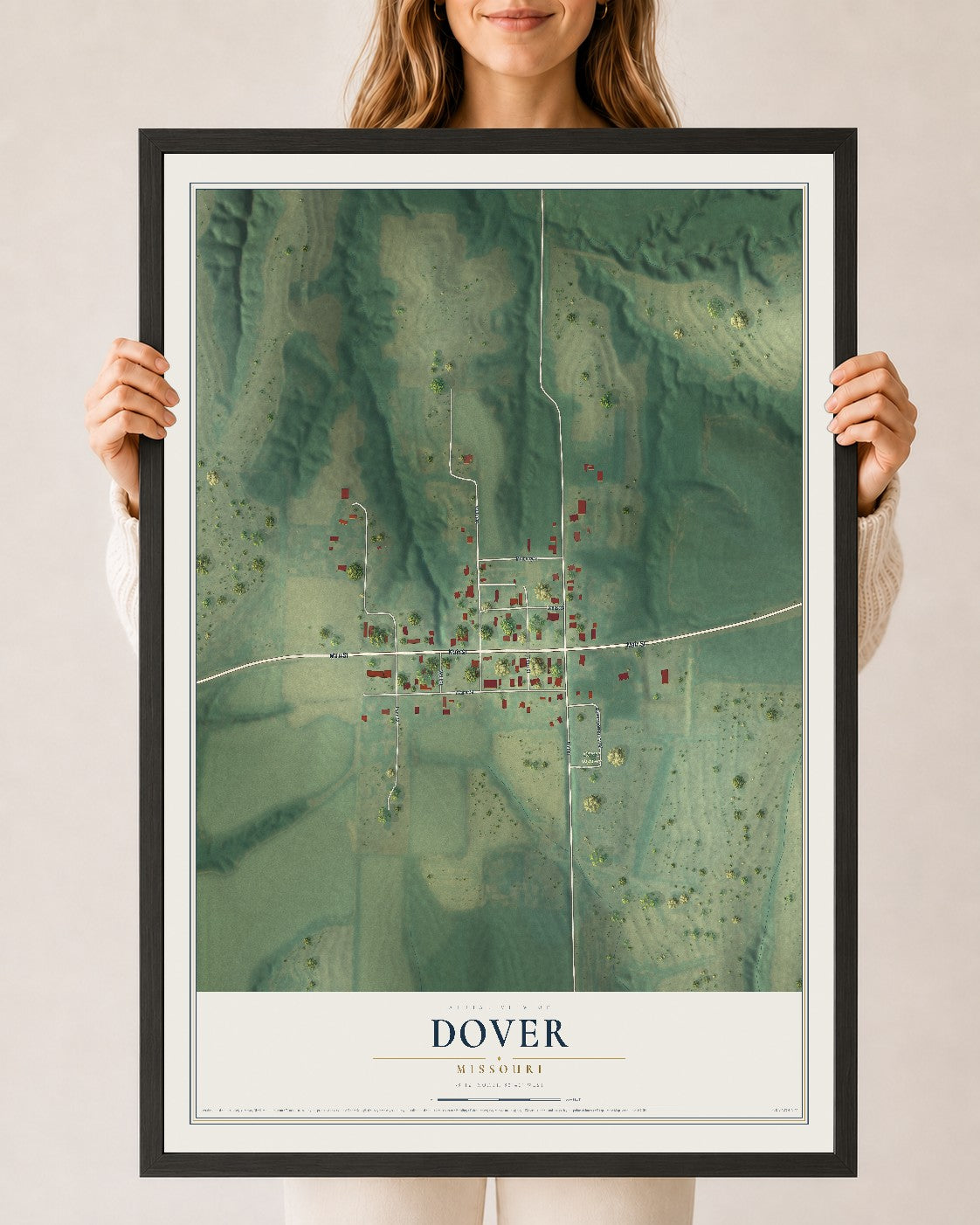 Map of Dover, Missouri, 24 x 36 inch print in a black wood frame