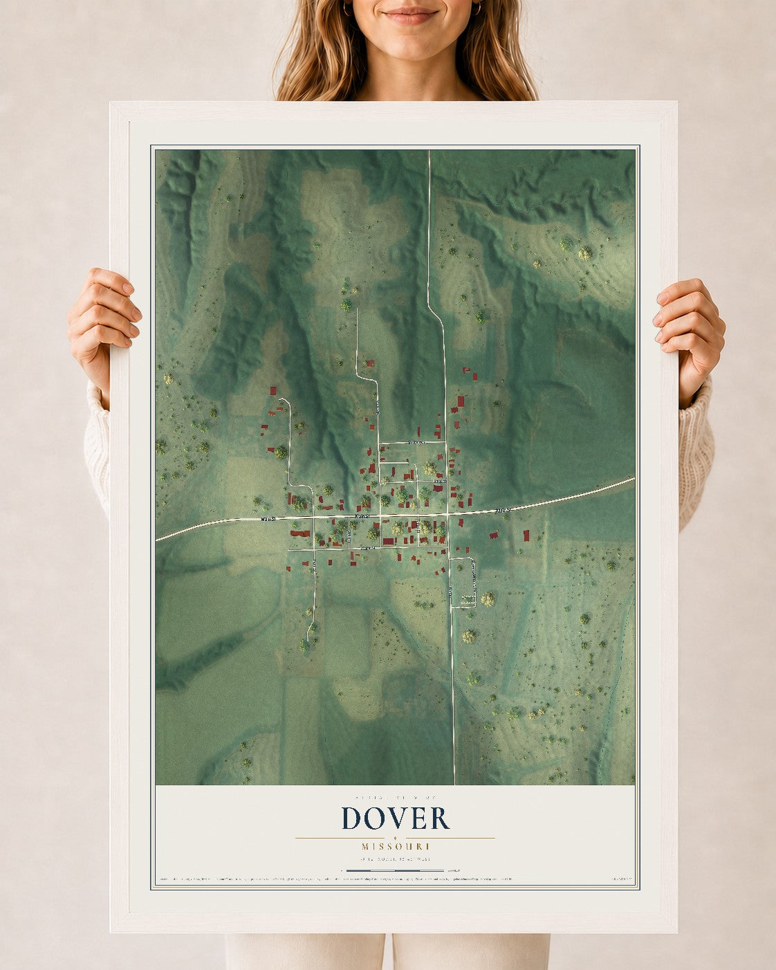Map of Dover, Missouri, 24 x 36 inch print in a white wood frame